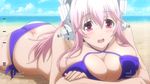  ass bangs bare_shoulders beach bikini blush breasts butt_crack cleavage day downpants hair_between_eyes headphones highres large_breasts long_hair lying mascot nitroplus non-web_source ocean on_stomach open_mouth pink_hair pose red_eyes sand screencap shiny shiny_skin side-tie_bikini smile solo soniani super_sonico swimsuit viewfinder wide_hips 