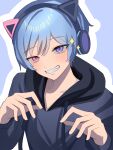  1boy absurdres blue_background blue_hair blue_hoodie clenched_teeth commentary_request eru21nyo heterochromia highres hood hoodie long_sleeves looking_at_viewer male_focus outline pink_eyes purple_eyes real_life short_hair simple_background solo sparkle teeth tsukuno_tsuki upper_body white_outline 