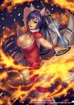  animal_ears breasts china_dress chinese_clothes cleavage cuboon dakki_(z/x) dress fan fire folding_fan fox_ears green_eyes large_breasts long_hair looking_at_viewer multiple_tails open_mouth purple_hair smile solo sword tail weapon z/x 