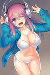  bikini breasts cleavage headphones highres hullabaloo jacket large_breasts leaning_forward long_hair looking_at_viewer navel nitroplus one_eye_closed open_clothes open_jacket open_mouth pink_eyes pink_hair shiny shiny_skin side-tie_bikini solo super_sonico swimsuit thigh_gap wince 
