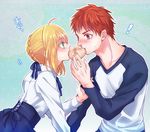  1girl ahoge artoria_pendragon_(all) bad_id bad_pixiv_id baozi blonde_hair blush brown_eyes emiya_shirou fate/stay_night fate_(series) food green_eyes maribsr red_hair saber shared_food 