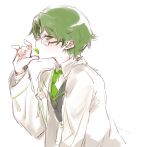  1boy black_vest candy coat collared_shirt dongrang_(project_moon) food green_eyes green_hair green_necktie hand_up holding holding_candy holding_food holding_lollipop lab_coat limbus_company lollipop necktie project_moon shirt sketch solo uchimura_(rino0525) upper_body vest white_coat white_shirt 