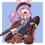  animal_ears assault_rifle boots bunny_ears gloves gun hat kys_(k-k2) long_hair m4_carbine necktie purple_hair red_eyes red_neckwear reisen_udongein_inaba rifle skirt solo thighhighs touhou weapon 