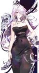  1girl absurdres bare_arms bare_shoulders black_choker black_dress breasts choker cocoballking commentary_request commission covered_navel cowboy_shot dress earrings highres hoop_earrings jewelry long_hair looking_at_viewer medium_breasts original pixiv_commission purple_eyes purple_hair solo standing strapless strapless_dress very_long_hair white_background 