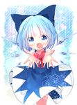  akisha bad_id bad_pixiv_id blue_eyes blue_hair bow cirno dress hair_bow heart heart-shaped_pupils highres ice looking_at_viewer open_mouth ribbon short_hair smile solo symbol-shaped_pupils touhou wings 