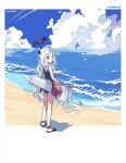  1girl artist_name bare_legs bare_shoulders beach blue_archive blue_one-piece_swimsuit blue_sky closed_mouth cloud day expressionless from_behind gohanduck halo highres hina_(blue_archive) hina_(swimsuit)_(blue_archive) horizon horns innertube long_hair looking_at_viewer looking_back ocean official_alternate_costume one-piece_swimsuit outdoors purple_eyes sandals school_swimsuit sky solo sparkle standing swimsuit very_long_hair water white_hair 