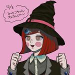  1girl :d blush_stickers bob_cut brown_headwear brown_jacket clenched_hands danganronpa_(series) danganronpa_v3:_killing_harmony dress_shirt gem_hair_ornament grey_shirt hands_up hat highres jacket kibo_onken-ha long_sleeves pink_background portrait red_hair shirt short_hair smile solo speech_bubble teeth translation_request upper_teeth_only white_shirt witch_hat yumeno_himiko 