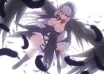  bad_id bad_pixiv_id black_feathers breasts cleavage demekyon dress feathers garters hairband large_breasts lolita_fashion long_hair looking_at_viewer purple_eyes rozen_maiden silver_hair smile solo suigintou wings 