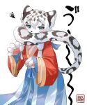  1girl animal_ear_fluff animal_ears animal_nose animal_print artist_name blue_eyes blue_skirt body_fur chinese_clothes claw_pose commentary covered_mouth cowboy_shot from_side furry furry_female hanfu highres hikimayu kawarage_yatano layered_sleeves leopard_ears leopard_girl leopard_print leopard_tail long_sleeves looking_at_viewer low-tied_sidelocks multicolored_hair original pawpads qixiong_ruqun red_shirt shirt short_hair_with_long_locks simple_background skirt snow_leopard solo squiggle standing tail two-tone_hair white_background white_fur white_hair wide_sleeves 