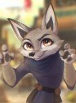 2023 anthro black_nose blurred_background canid canine cheek_tuft clothed clothing corsac_fox digital_media_(artwork) facial_tuft female fox fur grey_body grey_fur hi_res looking_at_viewer mammal pawpads solo tuft white_body white_fur yellow_eyes yshanii zhen_(kung_fu_panda)