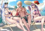  1boy 2girls abs absurdres azur_lane beach bikini blonde_hair blue_eyes blue_hair breasts clothing_cutout commentary commission drink english_commentary flower hat hat_flower highres holding holding_drink irkawaza large_breasts long_hair looking_at_another multiple_girls official_alternate_costume palm_tree purple_hair reno_(azur_lane) reno_(summer_spin-off)_(azur_lane) short_hair sideboob swimsuit ticonderoga_(azur_lane) ticonderoga_(sunshine_princess)_(azur_lane) tree underboob_cutout water 