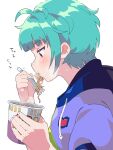  1girl ahoge blue_hair blunt_bangs blush commentary_request cup cup_ramen drawstring eating food_in_mouth fork from_side hands_up highres holding holding_cup holding_fork hood hood_down hoodie looking_down messy_hair omega_auru pink_eyes pretty_series profile purple_hoodie short_hair simple_background solo sweatdrop translation_request tsujii_ruki upper_body waccha_primagi! white_background 