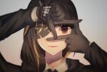  1girl black_gloves black_jacket brown_eyes brown_hair eyepatch girls&#039;_frontline gloves jacket long_hair long_sleeves looking_at_viewer m16a1_(girls&#039;_frontline) open_mouth scar shirt smile third-party_source xanax025 yellow_shirt 