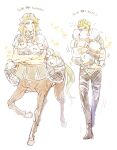  2boys achilles_(fate) animal basket bird blonde_hair bracer centaur chiron_(fate) closed_mouth creature fate/apocrypha fate/grand_order fate_(series) full_body green_eyes green_hair hands_up harukazu highres holding holding_animal hooves horse_tail long_hair looking_at_another male_focus monster_boy multiple_boys pale_color short_hair short_sleeves simple_background smile standing tail taur translation_request walking white_background white_tunic 