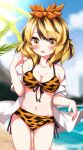  1girl animal_print beach black_hair blonde_hair blue_sky blurry blurry_background blush breasts cleavage cloud commentary_request hair_ornament highres looking_at_viewer medium_breasts navel open_mouth palm_tree ruu_(tksymkw) short_hair sky solo sweat tiger_print toramaru_shou touhou tree yellow_eyes 