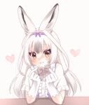  1girl absurdres animal_ears bow bowtie brown_eyes extra_ears gloves grey_background grey_hair heart highres kemono_friends kuromitsu_(9633_kmfr) long_hair looking_at_viewer rabbit_ears rabbit_girl ribbon shirt simple_background snowshoe_hare_(kemono_friends) solo white_gloves white_shirt 