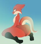2022 amorphousblue anthro big_butt black_clothing black_footwear black_socks bottomwear butt clothing ears_up feet female flat_chested footwear hi_res hotpants kneeling kobold looking_at_viewer orange_eyes red_(rmaster) red_body red_bottomwear red_clothing red_shorts scales scalie shirtless shorts socks solo suggestive tail tan_body tan_scales wide_hips