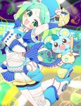  1girl :d arms_up baseball_bat baseball_mitt blue_shirt blue_shorts blue_skirt blush chuppe cropped_shirt fang gradient_hair green_eyes green_hair highres idol_time_pripara looking_at_viewer marueri midriff multicolored_hair nijiiro_nino open_mouth pretty_series pripara shirt shoe_soles short_hair short_sleeves shorts skirt smile standing standing_on_one_leg striped striped_shirt striped_skirt vertical-striped_shirt vertical-striped_skirt vertical_stripes visor_cap 