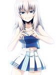  1girl absurdres blue_eyes cheerleader cowboy_shot finger_heart girls_und_panzer grey_hair highres itsumi_erika kamishima_kanon looking_at_viewer medium_hair midriff navel pleated_skirt simple_background skirt sleeveless smile solo white_background 