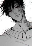  black_sclera collarbone colored_sclera facial_tattoo fushiguro_touji greyscale highres jujutsu_kaisen looking_at_viewer male_focus monochrome portrait red_eyes sashiyu scar scar_on_face scar_on_mouth short_hair solo spot_color tattoo 