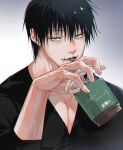  1boy black_hair black_shirt cup disposable_cup drinking_straw drinking_straw_in_mouth fushiguro_touji highres holding holding_cup jujutsu_kaisen lips looking_at_viewer lower_teeth_only male_focus pectorals sashiyu shirt solo teeth upper_body 