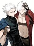  2boys belt_bra bishounen blue_coat blue_eyes coat dante_(devil_may_cry) devil_may_cry_(series) devil_may_cry_3 fingerless_gloves gloves hair_over_one_eye highres jacket long_hair looking_at_viewer male_focus multiple_boys pale_skin red_coat siblings smile twins vergil_(devil_may_cry) white_hair 