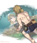  1boy all_fours ass barefoot black_shorts blonde_hair blue_eyes commentary_request earrings grass jewelry link male_focus monbetsu_kuniharu pointy_ears pouch reflection reflective_water scar scar_on_arm scar_on_back scar_on_shoulder sheikah_slate short_ponytail shorts solo the_legend_of_zelda the_legend_of_zelda:_tears_of_the_kingdom topless_male 