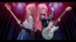  2girls :d absurdres back-to-back bang_dream! bang_dream!_it&#039;s_mygo!!!!! bass_guitar black_dress blue_eyes blue_skirt brown_hair chihaya_anon commentary_request dress electric_guitar fang grey_eyes guitar highres holding holding_instrument ichi_(bttrfl1es) instrument letterboxed light_blush long_hair looking_to_the_side multiple_girls nagasaki_soyo pink_hair pleated_skirt see-through see-through_sleeves sidelocks signature skirt smile stage_lights sweater teeth turtleneck turtleneck_sweater upper_teeth_only white_sweater 
