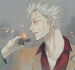  2boys black_eyes blazer cigarette city_lights collared_shirt fire gin_to_kin grey_hair grin hirai_ginji holding holding_lighter jacket kata_(kattttttta) lighter lighting_cigarette long_sleeves looking_at_another looking_to_the_side male_focus morita_tetsuo multiple_boys old old_man out_of_frame profile red_shirt shirt short_hair smile solo_focus upper_body yellow_jacket 