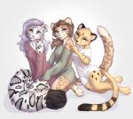 2023 anthro black_body black_fur bottomless brown_hair cheetah clothed clothing digital_media_(artwork) ear_piercing felid feline female fur group hair hi_res leopard_spots looking_at_viewer mammal pantherine piercing simple_background smile snow_leopard spots spotted_body spotted_fur trio white_background white_body white_fur yellow_body yellow_fur yshanii