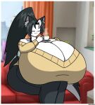 anthro big_breasts breasts canid canine canis cleavage clothed clothing cup_of_tea eyes_closed female furniture hi_res huge_breasts hyper hyper_breasts kuromi_(thebunnypie) mammal mature_female mother_(lore) on_sofa parent_(lore) sitting sitting_on_sofa sofa solo thebunnypie wolf