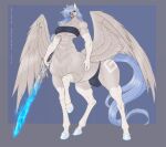 blue_fire blue_hair blue_tail bottomwear bulge chest_wraps clothing colored_fire equid equid_taur equine fire flaming_sword gynomorph hair hi_res hooves intersex mammal mammal_taur melee_weapon pegasus pegasus_taur sword tail taur underwear weapon wings wmdiscovery93 wraps