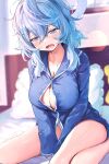  1girl absurdres ako_(blue_archive) bed bed_sheet blue_archive blue_eyes blue_hair blurry blurry_background breasts button_gap cleavage collarbone commentary_request foot_out_of_frame halo highres large_breasts light_blush long_sleeves looking_down medium_hair messy_hair no_pants on_bed open_mouth panties partially_unbuttoned signature sitting sleepwear sleepy solo tsubameno underwear waking_up wariza 