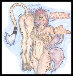 anthro autumn_williams black_border bodily_fluids border breasts butt cheetah cheetah_(dc) colored_pencil cougar_leon dc_comics duo feet felid feline female female/female fur genitals hair hi_res humanoid hyena male male/female mammal nipples nude pawpads paws pussy simple_background spots spotted_body spotted_fur tail text traditional_media_(artwork) were werehyena yellow_body