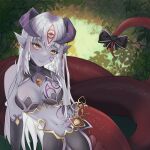  1girl absurdres alipheese_fateburn_xvi arm_tattoo black_bra blush bra colored_skin highres horns lamia long_hair looking_at_viewer mon-musu_quest! monster_girl pointy_ears purple_skin seelezartsaya simple_background skirt smile tattoo underwear white_hair yellow_eyes 