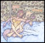 2020 anthro autumn_williams black_border border breasts cheetah cheetah_(dc) colored_pencil cougar_leon dc_comics duo feet felid feline female female/female fur hair humanoid hyena male male/female mammal nipples nude paws simple_background spots spotted_body spotted_fur text traditional_media_(artwork) were werehyena yellow_body