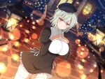  1girl beret breasts candle christmas christmas_ornaments christmas_tree closed_mouth cobblestone dress green_hair hat house lantern large_breasts looking_at_viewer medium_hair naraku_(senran_kagura) night non-web_source official_art own_hands_together pink_eyes senran_kagura senran_kagura_new_link smile thighhighs tree 