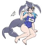  1girl acesrulez alternate_costume anchor_hair_ornament bare_arms bare_legs bare_shoulders barefoot blowhole blue_eyes blue_hair blue_one-piece_swimsuit blue_whale_(kemono_friends) blush cetacean_tail collarbone dorsal_fin fins fish_tail glasses grey_hair hair_between_eyes hair_ornament head_fins kemono_friends long_hair multicolored_hair name_tag navel one-piece_swimsuit school_swimsuit semi-rimless_eyewear sidelocks solo swimsuit tail translation_request whale_girl 
