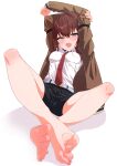  1girl arms_up barefoot belt black_shorts blush breasts brown_hair brown_jacket collared_shirt commission crossed_bangs dorsiflexion feet foreshortening full_body godai_01 grey_eyes hair_between_eyes highres jacket legs long_hair long_sleeves looking_at_viewer makise_kurisu medium_breasts necktie open_clothes open_jacket open_mouth pixiv_commission red_necktie shirt short_shorts shorts simple_background sitting solo spread_toes steins;gate toenails toes white_background white_shirt 