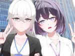  2girls ahoge blush bronya_zaychik bronya_zaychik_(silverwing:_n-ex) closed_mouth honkai_(series) honkai_impact_3rd id_photo jacket long_hair multiple_girls office_lady open_clothes open_jacket open_mouth purple_eyes purple_hair seele_vollerei v white_eyes white_hair 