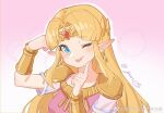  1girl ;p armor blonde_hair blue_eyes breasts chinese_commentary circlet commentary_request earrings index_finger_raised jewelry long_hair medium_breasts one_eye_closed parted_bangs pink_background pointy_ears princess_zelda shoulder_armor signature solo the_legend_of_zelda the_legend_of_zelda:_a_link_between_worlds tongue tongue_out triforce_earrings upper_body vambraces weibo_logo weibo_username yun_(dl2n5c7kbh8ihcx) 