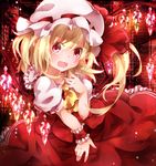  ascot blonde_hair dress flandre_scarlet hair_ribbon hat looking_at_viewer mob_cap open_mouth puffy_sleeves red_dress red_eyes ribbon shirt short_sleeves side_ponytail solo touhou toutenkou wings wrist_cuffs 
