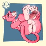 anus bodily_fluids feet felid genitals hi_res legs_up male mammal pantherine penis pink_panther pink_panther_(series) presenting smile solo solo_focus spread_legs spreading sweat tabyhyen4_(artist)