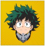  1boy boku_no_hero_academia freckles green_eyes green_hair head_only highres mask midoriya_izuku mouth_mask portrait simple_background smile superhero user_cvmf5345 wavy_hair 