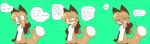 &gt;_&lt; 4_fingers anthro averi_(fiddleafox) big_ears blush brown_body brown_fur brown_hair brown_nose canid canine chest_tuft comic cute_fangs dialogue dipstick_tail emanata english_text eyebrow_through_hair eyebrows eyes_closed female female_anthro fiddleafox fingers fox fur gesture gloves_(marking) green_background green_eyes hair leg_markings long_hair looking_at_viewer mammal markings multicolored_body multicolored_fur open_mouth pointing raised_arm rhetorical_question simple_background smug socks_(marking) solo speech_bubble tail tail_markings text translucent translucent_hair tuft two_tone_body two_tone_fur waving white_body white_fur
