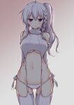  1girl 9-nine- absurdres ass_visible_through_thighs braid breasts chataring_mai closed_mouth commentary_request detached_sleeves garter_straps gradient_background grey_background highres long_hair looking_at_viewer medium_breasts meme_attire navel niimi_sora panties purple_eyes ribbed_legwear ribbed_sweater ribbed_thighhighs side_ponytail single_braid sleeveless sleeveless_sweater smile solo standing sweater thighhighs turtleneck turtleneck_sweater underboob underwear white_garter_straps white_hair white_panties white_sleeves white_sweater white_thighhighs 