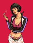  1girl black_hair blunt_bangs cigarette closed_mouth commentary highres holding holding_cigarette jewelry looking_at_viewer navel necklace nirelle_art one_piece red_background shakuyaku_(one_piece) short_hair simple_background smoke solo 