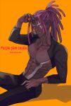  1boy artist_name bad_id bad_twitter_id character_name clenched_teeth commentary cookie_run dark-skinned_male dark_skin dreadlocks highres humanization male_focus muscular muscular_male nekoyasiki33 personification purple_eyes purple_yam_cookie signature simple_background solo symbol-only_commentary teeth 