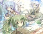  ahoge bad_id bad_pixiv_id blue_eyes blue_hair duel_monster eria green_eyes green_hair itsutsuki jacket long_hair lyna multiple_girls one_eye_closed ponytail short_hair smile staff white_hair wynn yuu-gi-ou 