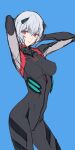  1girl arms_behind_head ayanami_rei ban!_(bansankan) black_bodysuit blue_background blue_hair bodysuit breasts hair_ornament looking_at_viewer neon_genesis_evangelion plugsuit rebuild_of_evangelion red_eyes short_hair simple_background sketch solo 